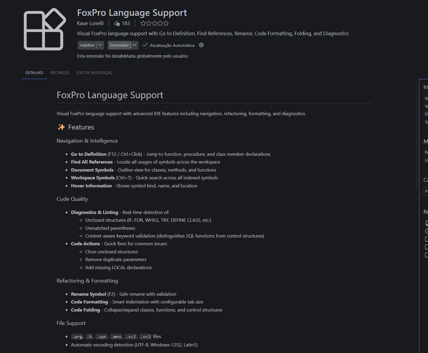 Tela de extensão GOFOX no Marketplace do VS Code