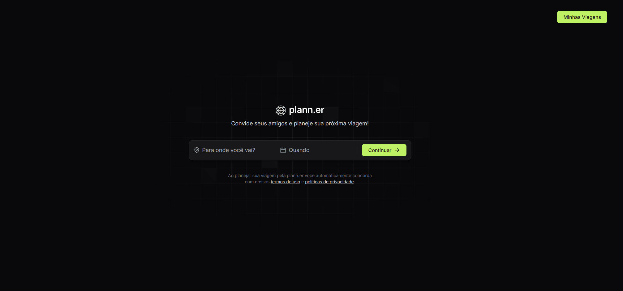 Tela principal do planner com viagens